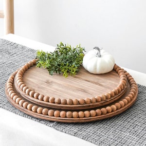 Round Wood Beaded Tray Farmhouse Style Home Decor Centerpiece Ideas Coffee Table Tray