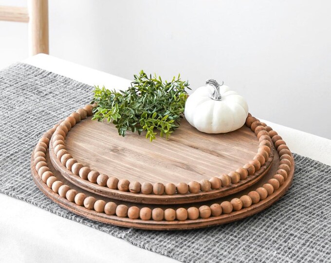 Round Wood Beaded Tray Farmhouse Style Home Decor Centerpiece Etsy