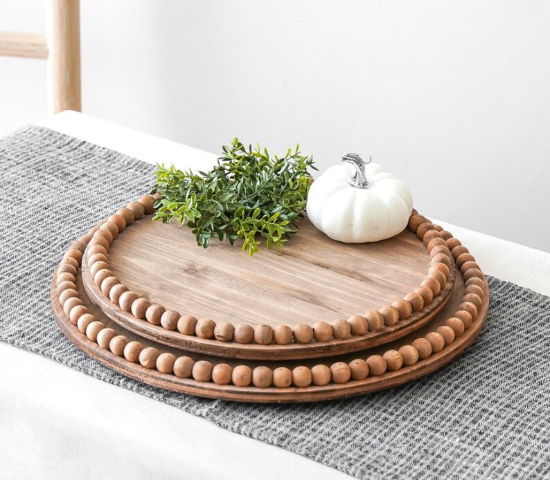 Round Wood Beaded Tray Farmhouse Style Home Decor Centerpiece Ideas Coffee Table Tray 