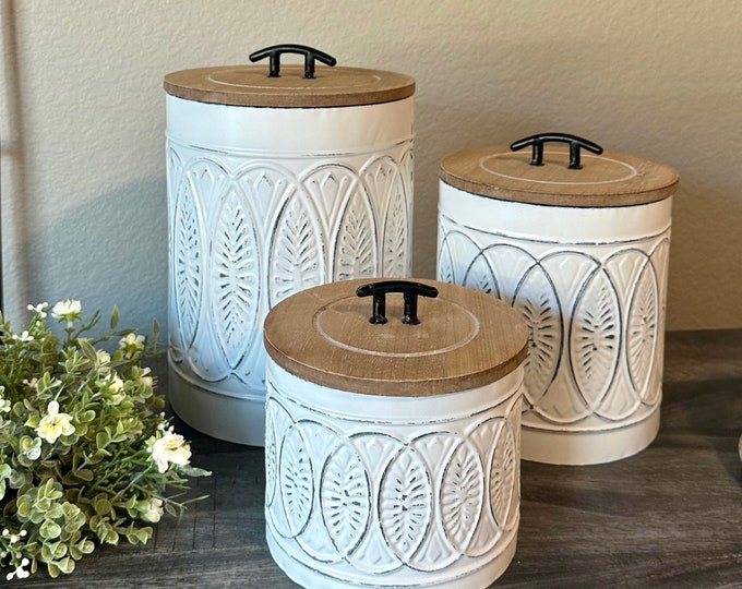 Set of 3 White Metal Embossed Canisters With Wood Lids Etsy