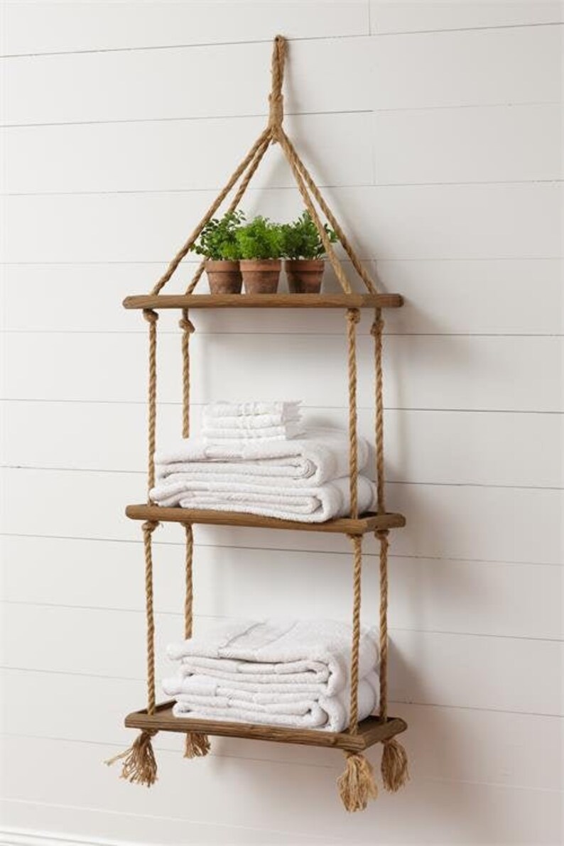 Wood and Rope Hanging Shelf 3 Tier Wall Shelf Rustic Hanging Etsy