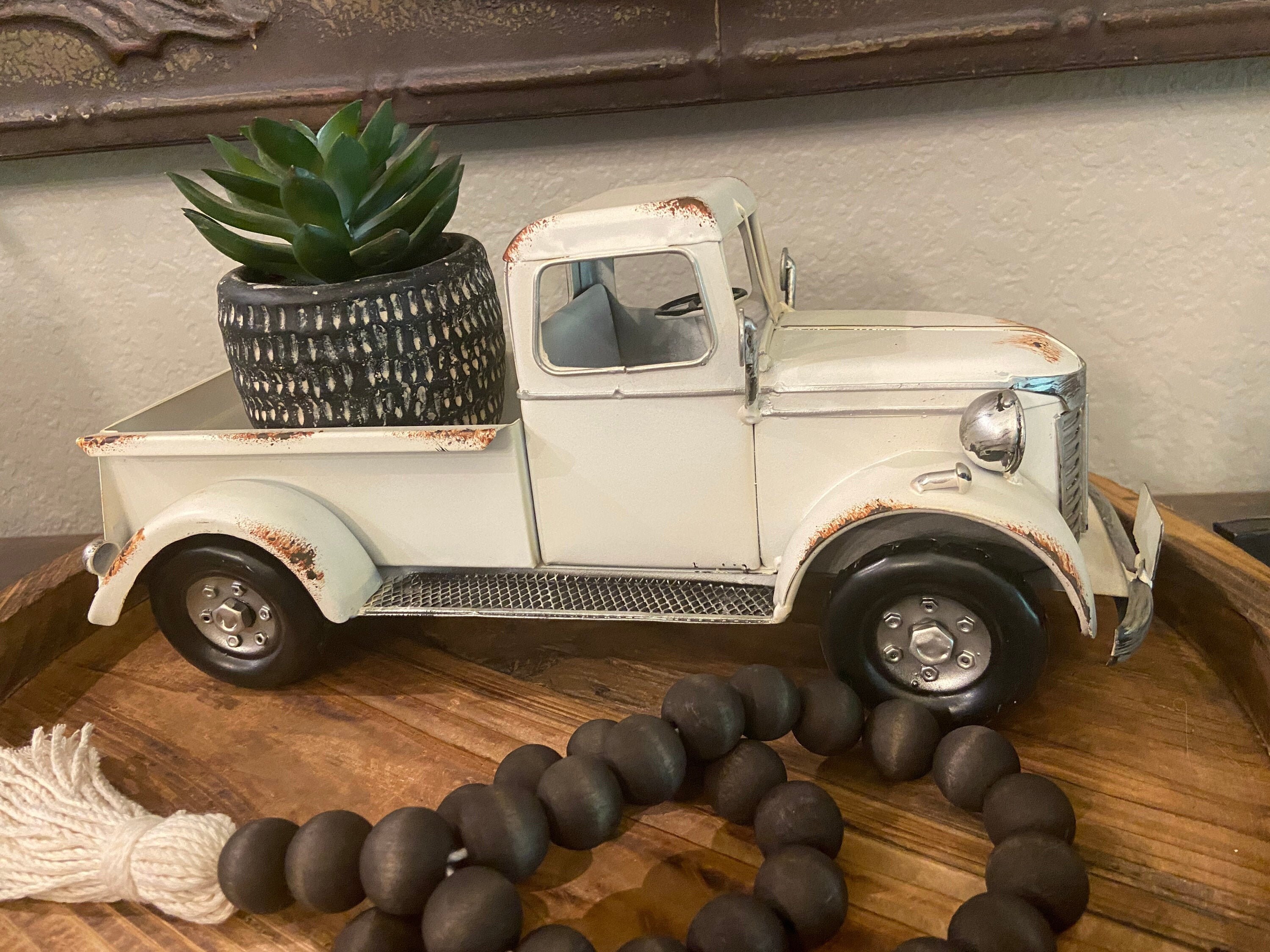 Farmhouse Style White Metal Truck, Coffee Table Decoration, Primitive…