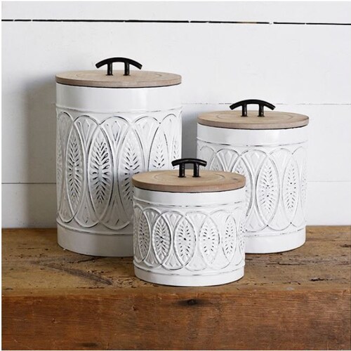 Set of 3 White Metal Embossed Canisters with Wood Lids, Kitchen Storage Containers, Farmhouse Style Home Decor