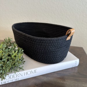 Large Woven Black/Gray/White Basket with Vegan Leather Tab, Storage Basket, Kitchen Bathroom Organization