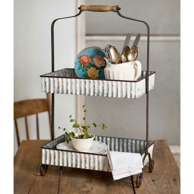 2 Tier Farmhouse Rectangular Tray Galvanzied Metal Whitewash Etsy