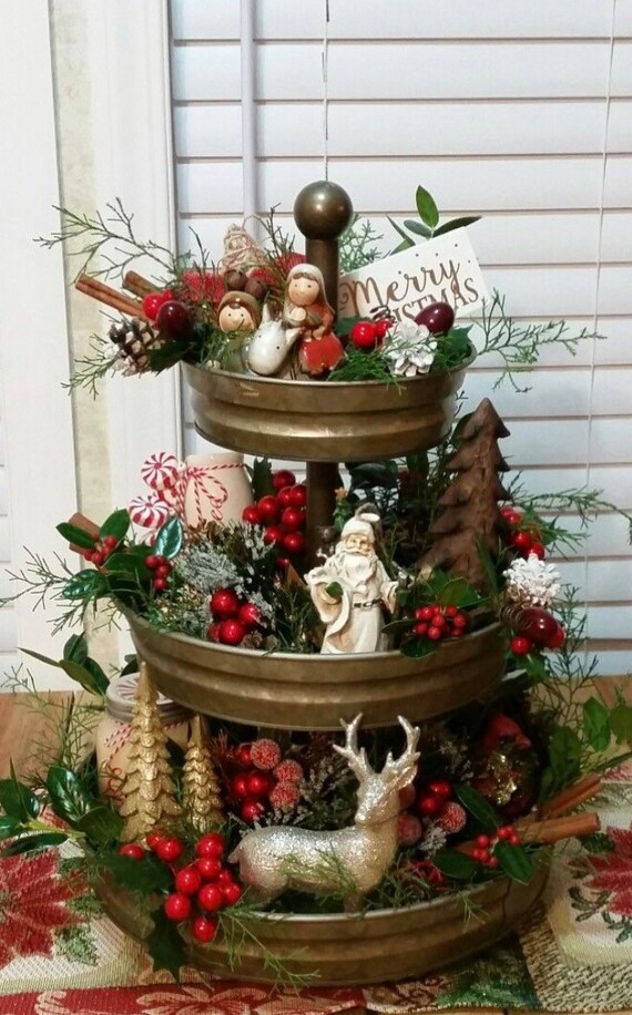 3 Tier Round Galvanzied Metal Tray Stand Farmhouse Decor Etsy