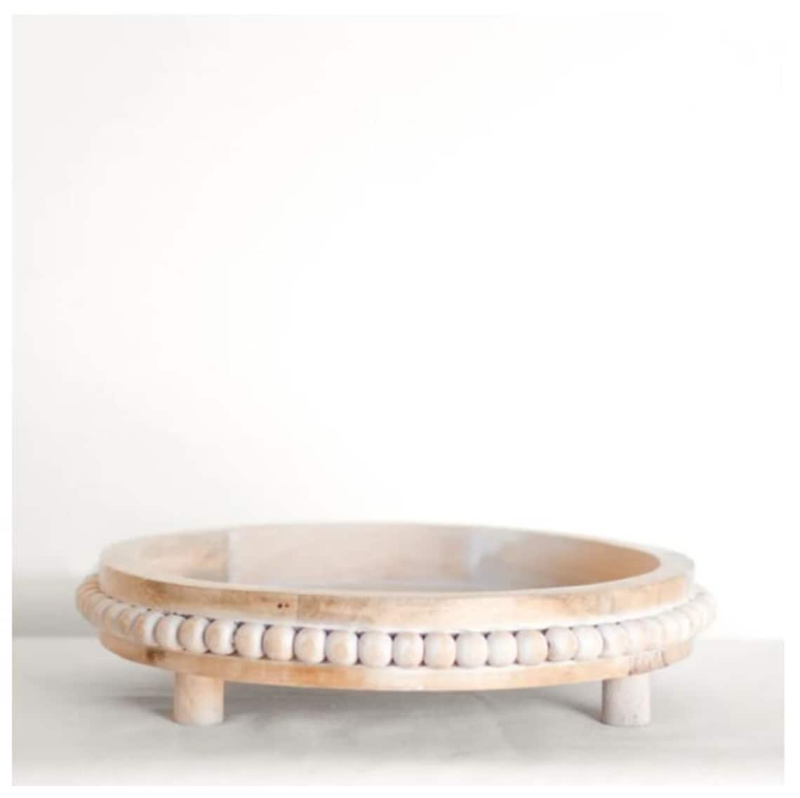 Whitewash Round Wood Beaded Tray Farmhouse Style Home Decor Etsy