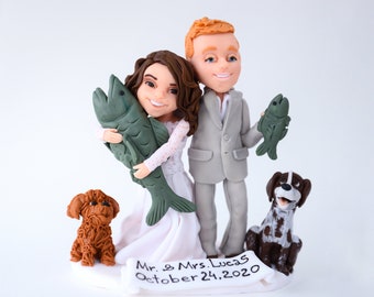 Fishing cake topper Bride and groom  with dogs Funny wedding cake topper