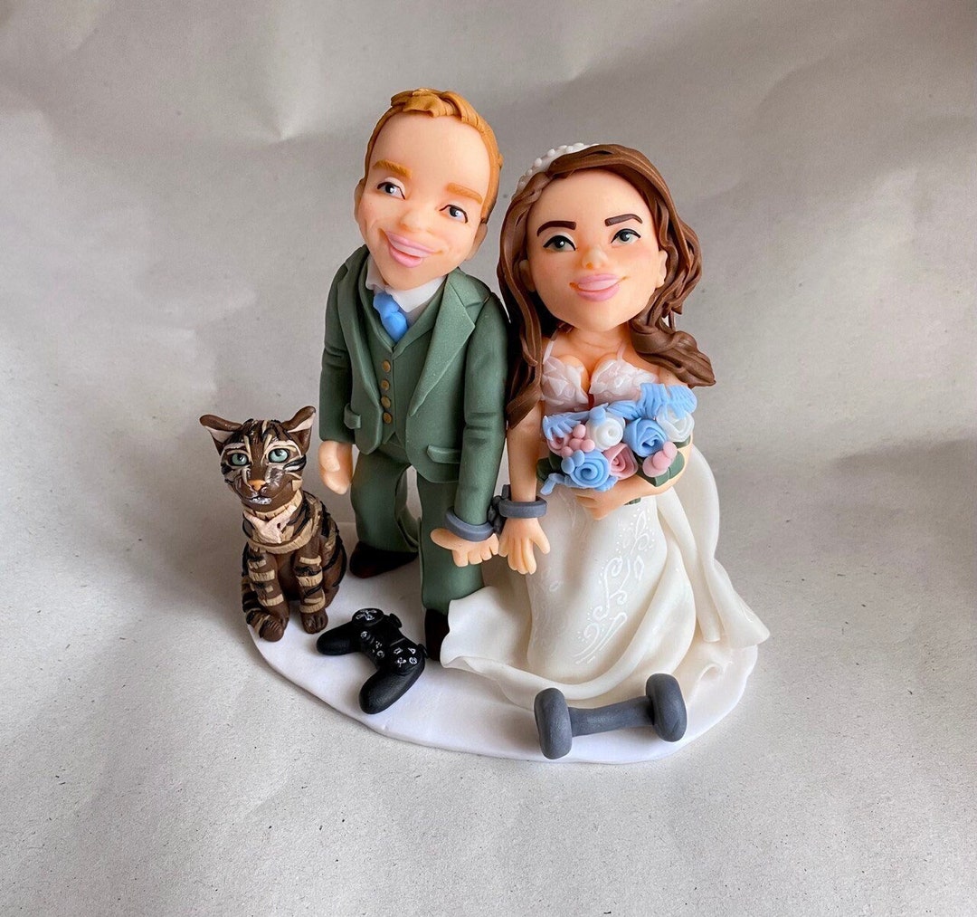 Wedding Cake Topper Bride and Groom With Cat Figurines From Photo ...