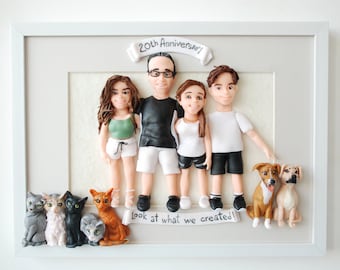 20th wedding anniversary gift Custom clay family portrait with pets