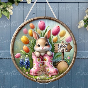 OSTER BABY HÄSCHEN Frühling Blumenkranz Schild, Türschild, Schiefer für Sublimation mit hoher Auflösung 2 Dateien zum Download 1 fügen Sie Ihren eigenen Text hinzu