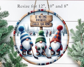 HOCKEY GNOMES  Door hanger, wreath sign, round cutting board, ornament, can resize,  for sublimation high resolution, 2 files, 1 add text