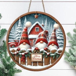 GNOMOS DE NATAL Cabide de porta, placa de guirlanda, ornamento de tábua de corte redonda, redimensionamento, sublimação, alta resolução, 2 arquivos para download, 1 adicionar texto