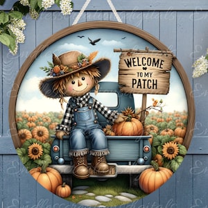 FALL Vogelscheuche Tür Aufhänger, Kranzschild, rundes Schneidebrett png, für Sublimation hohe Auflösung 2 Dateien zum Download, 1 fügen Sie Ihren eigenen Text hinzu