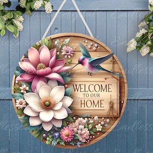 Cintre de porte WELCOME MAGNOLIA, couronne png, pour sublimation haute résolution, 2 fichiers à télécharger, 1 ajoutez votre propre texte