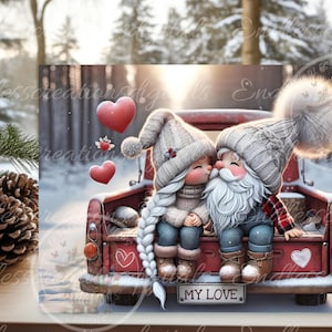 Wichtelpaar Liebe Roter LKW, digitaler Download, 2 Dateien, davon 1 blanko für eigenen Text, 300 dpi