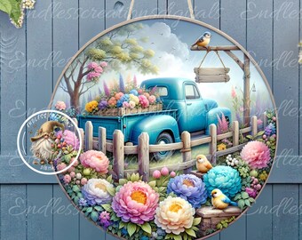 SUMMER BLUE TRUCK Floral Round