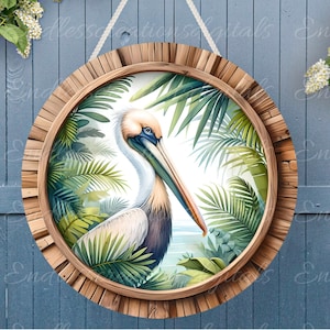 Appendino per porta PELICANO TROPICALE, cartello ghirlanda png, tagliere rotondo per sublimazione ad alta risoluzione,