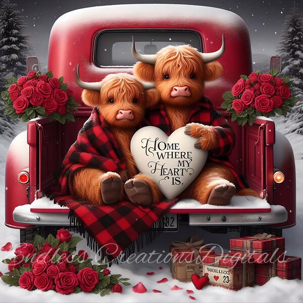 Valentines Highland Cow Red Truck