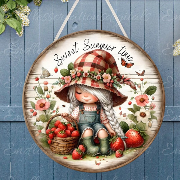 STRAWBERRY GIRL gnome door hanger, wreath sign png, round cutting board for sublimation high resolution 2 files one blank no text