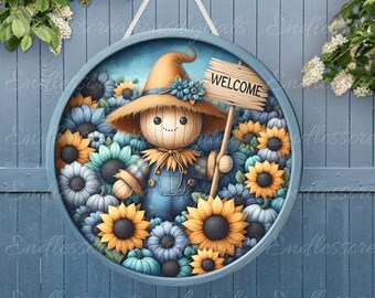 FALL SCARECROW door hanger, wreath sign, round cutting board, for sublimation high resolution 2 files for download, 1 add your own text