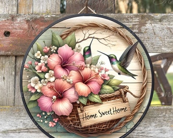 Tropical Hummingbird Door Hanger, Floral Wreath Sign (PNG)