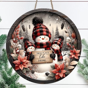 SNOWMAN FAMILY ROUND Türschild, Kranzschild, Ornament, Schneidebrett für Sublimationsdruck mit hoher Auflösung 2 Dateien, 1 fügen Sie Ihren eigenen Text hinzu