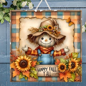 HERBST VOGELscheuche TÜR Aufhänger, Kranzschild, quadratisches Schneidebrett png, für Sublimation mit hoher Auflösung 2 Dateien zum Download, 1 fügen Sie Ihren eigenen Text hinzu