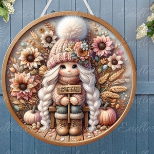 FALL GIRL GNOME Türschild, Kranzschild, rundes Schneidebrett png, für Sublimation hohe Auflösung 2 Dateien zum Download, 1 fügen Sie Ihren eigenen Text hinzu