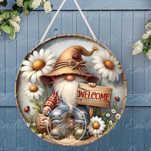 DASIY LADYBUG GNOME Wreath Sign, appendino per porta, tagliere, ardesia, per sublimazione 300 dpi 2 file da scaricare 1 vuoto per aggiungere il proprio testo