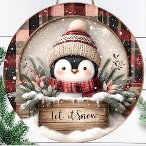Colgador para puerta REDONDO DE PINGÜINO DE INVIERNO, Letrero de corona, Tabla de cortar cuadrada, Posavasos png, Para sublimación de alta resolución, 2 archivos, 1 en blanco
