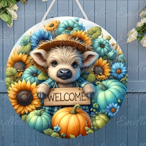 FALL HIGHLAND COW Türschild, Kranzschild, rundes Schneidebrett, für Sublimationsdruck mit hoher Auflösung 2 Dateien zum Herunterladen, 1 fügen Sie Ihren eigenen Text hinzu