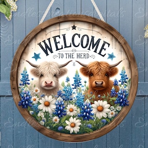 HIGHLAND COW DOOR hanger, wreath sign, round cutting board png, for sublimation high resolution