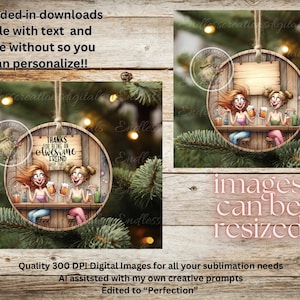 Puede incluir: Un adorno redondo de madera con dos mujeres de dibujos animados sosteniendo jarras de cerveza. El adorno tiene el texto "Gracias por ser un amigo increíble, ¡sigue así!"