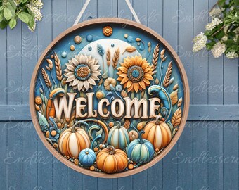 FALL WELCOME DOOR  hanger, wreath sign, round cutting board, for sublimation high resolution