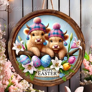 OSTERN HIGHLAND COW Schild, Türschild, Schiefer für Sublimationsdruck mit hoher Auflösung, 2 Dateien zum Herunterladen, 1 fügen Sie Ihren eigenen Text hinzu
