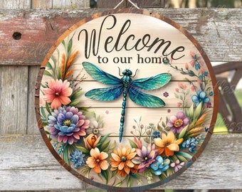 Dragonfly Welcome Sign PNG, Floral Wreath Door Hanger (Digital Download)