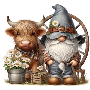 Sublimation de vache GNOME FARMER HIGHLAND 300 dpi, transparent pour une sublimation haute résolution, 5 fichiers png
