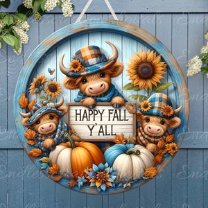 FALL HIGHLAND COW Family Türschild, Kranzschild, rundes Schneidebrett png, für Sublimation hohe Auflösung 2 Dateien, 1 fügen Sie Ihren eigenen Text hinzu