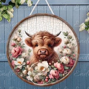 SPRING FLORAL HIGHLAND Wreath Sign door hanger wind spinners, slate for sublimation high resolution 2 files for download 1 add your own text
