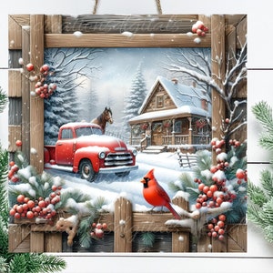 Accroche-porte carré WINTER RED TRUCK, couronne, planche à découper carrée, sous-verres, etc. pour sublimation haute résolution 300 dpi