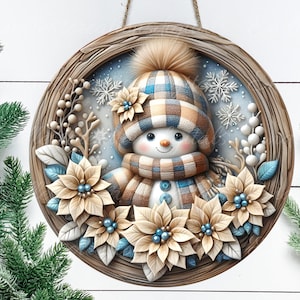 Percha de puerta con diseño de muñeco de nieve de invierno, letrero de corona, tabla de cortar redonda, adorno de árbol png, sublimación de alta resolución