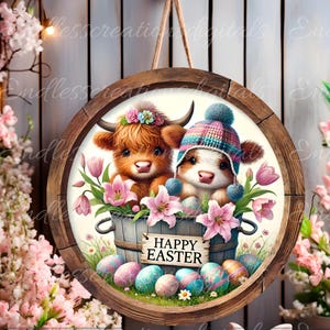 OSTER HIGHLAND COWS Kranz Schild, Türschild, Windspiel, Schiefer für Sublimation hohe Auflösung 2 Dateien zum Download, 1 fügen Sie Ihren eigenen Text hinzu