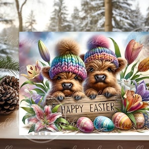 May include: Two adorable brown and white furry puppies wearing colourful knitted hats are sitting on a wooden sign that says "Happy Easter". The sign is surrounded by colourful flowers and Easter eggs.