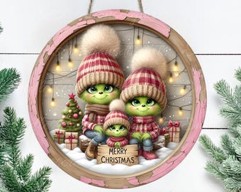 PINK GREEN MONSTERS Door hanger, wreath sign, round cutting board, ornament, resize, sublimation high resolution 2 files, 1 add own text