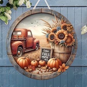 Accroche-porte CAMION ROUGE AUTOMNE, couronne, planche à découper ronde png, pour sublimation haute résolution 2 fichiers, 1 ajoutez votre propre texte