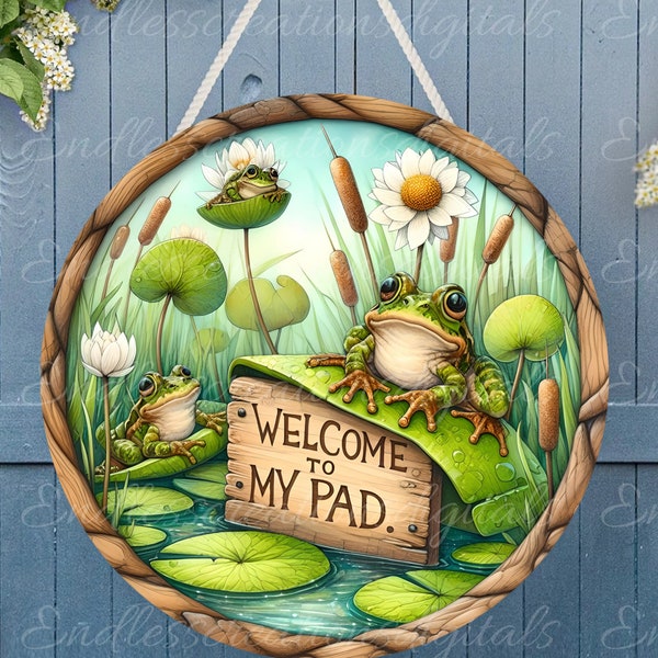 FROG WELCOME PAD hanger, wreath sign png, round cutting board for sublimation high resolution,