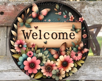 Floral Butterfly Welcome Sign PNG, Wreath Door Hanger (Digital Download)