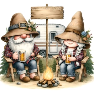 Paquete de 5 gnomos de sublimación de gnomos de camping de alta definición de 300 png, transparentes con letreros en blanco para que puedas añadir tu propio texto