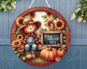 CUTEST PUMPKIN SCARECROW Door hanger, wreath sign, round cutting board, for sublimation high resolution 2 files, 1 add your own text